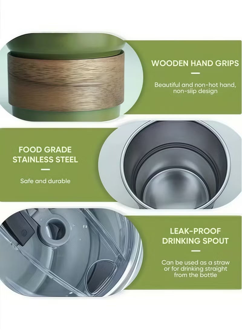 Dark Green Stainless Steel Professional Travel Cup - 300ml Hot/Cold Drink Holder with Wooden Grip ( 8.5 Cm Height ) - Image 2